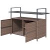 2-Tier Shelf PE Rattan Outdoor Bar Table, Glass Top Outdoor Serving Cart with Cabinet, Mixed Brown