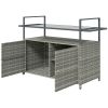 2-Tier Shelf PE Rattan Outdoor Bar Table, Glass Top Outdoor Serving Cart with Cabinet, Mixed Gray