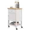 Kitchen Cart, White, Rolling Island with Rubberwood Top, Drawer, Wine Rack, Cabinet on Wheels