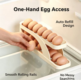 Auto Rolling Egg Holder Dispenser 15 Eggs Capacity Space Saving Fridge Egg Storage Tray HIPS Material Slide Design Refrigerator Kitchen Counterto