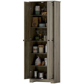 67" Farmhouse Pantry Cabinet, Freestanding Food Pantry Cabinet with Adjustable Shelves, Distressed Gray
