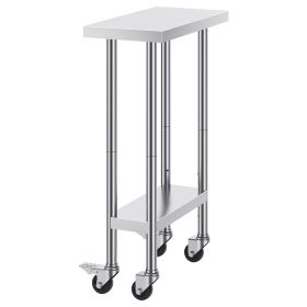 Stainless Steel Work Table 24 x 12 x 38 Inch, 500 LBS Load Capacity with 4 Wheels, 3 Adjustable Height Levels