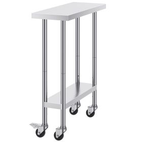 Stainless Steel Work Table 30 x 12 x 38 Inch, with 4 Wheels, 3 Adjustable Height Levels
