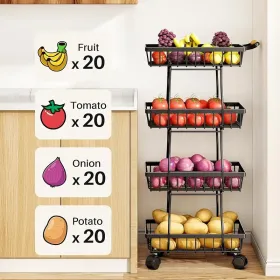 4 Tier Stackable Metal Vegetable Storage Rack with Wheels Rotating Corner Kitchen Organizer Basket for Potato Onion Banana Fruit Pantry Accessories Bl