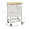 Kitchen Cart, White, Rolling Island with Rubberwood Top, Drawer, Wine Rack, Cabinet on Wheels