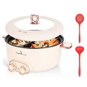 6L 1.59Gal Electric Hot Pot With Divider And Lid 2000W Stainless Steel With 2 Heat Settings Independent Control Overheat Protection Ladle & Slott (Option: White)