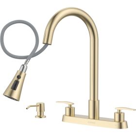Handle Kitchen Faucet With Pull Down Sprayer Brushed Gold, 4 Holes Sink Faucets For Kitchen RV With Soap Dispenser Stainless Steel (Option: Golden)