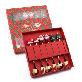 6pcs /Pack Christmas Cartoon Shape Stainless Steel Tableware (Options: Style B Spoon Fork+Red Box, Color: Gold)