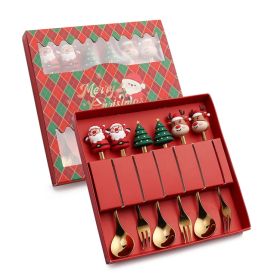 6pcs /Pack Christmas Cartoon Shape Stainless Steel Tableware (Options: Style C Spoon Fork+Red Box, Color: Gold)