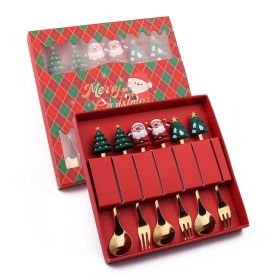 6pcs /Pack Christmas Cartoon Shape Stainless Steel Tableware (Options: Style A Spoon Fork+Red Box, Color: Gold)