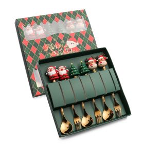 6pcs /Pack Christmas Cartoon Shape Stainless Steel Tableware (Options: Style C Spoon Fork+Green Box, Color: Gold)