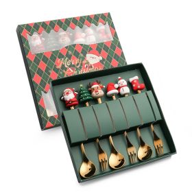 6pcs /Pack Christmas Cartoon Shape Stainless Steel Tableware (Options: Style D Spoon Fork+Green Box, Color: Gold)