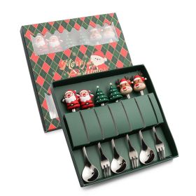 6pcs /Pack Christmas Cartoon Shape Stainless Steel Tableware (Options: Style C Spoon Fork+Green Box, Color: Silver)