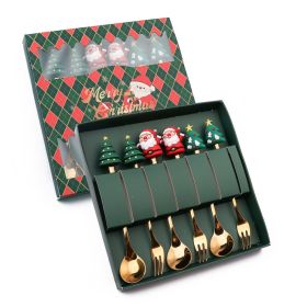 6pcs /Pack Christmas Cartoon Shape Stainless Steel Tableware (Options: Style A Spoon Fork+Green Box, Color: Gold)