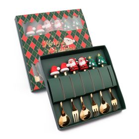 6pcs /Pack Christmas Cartoon Shape Stainless Steel Tableware (Options: Style B Spoon Fork+Green Box, Color: Gold)