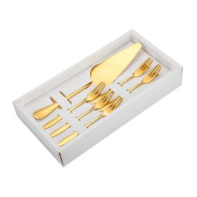 6pcs/set Cake Knife And Fork Set for Household & Commerial (type: With 3-tine Forks, Color: Gold)