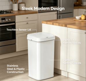Tall Hands Free Automatic Sensor Trash Can, Stainless Steel & Plastic Touchless Garbage Bin (Style: DZT-50-28WH)