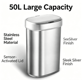 50L Brushed Silver Stainless Steel Automatic Sensor Trash Can, Touchless Motion Activated Garbage Bin with Auto Close Sealed Lid (Style: 50-liter stainless steel, silver)