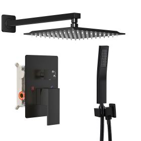 Wall-mounted shower faucet set - 10-12inch square overhead spray + handheld shower head with pressure balance and temperature control valve (Color: black/10in)