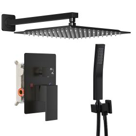 Wall-mounted shower faucet set - 10-12inch square overhead spray + handheld shower head with pressure balance and temperature control valve (Color: black/12in)