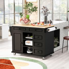 Kitchen cart with Rubber wood desktop rolling mobile kitchen island with storage and 5 draws -53 Inch length (Material: MDF, Color: Black)
