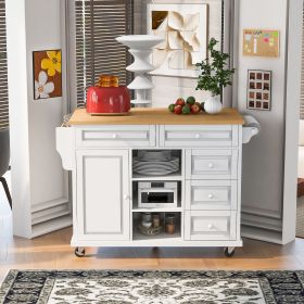 Kitchen cart with Rubber wood desktop rolling mobile kitchen island with storage and 5 draws -53 Inch length (Material: MDF, Color: White)