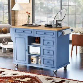 Kitchen cart with Rubber wood desktop rolling mobile kitchen island with storage and 5 draws -53 Inch length (Material: MDF, Color: Blue)